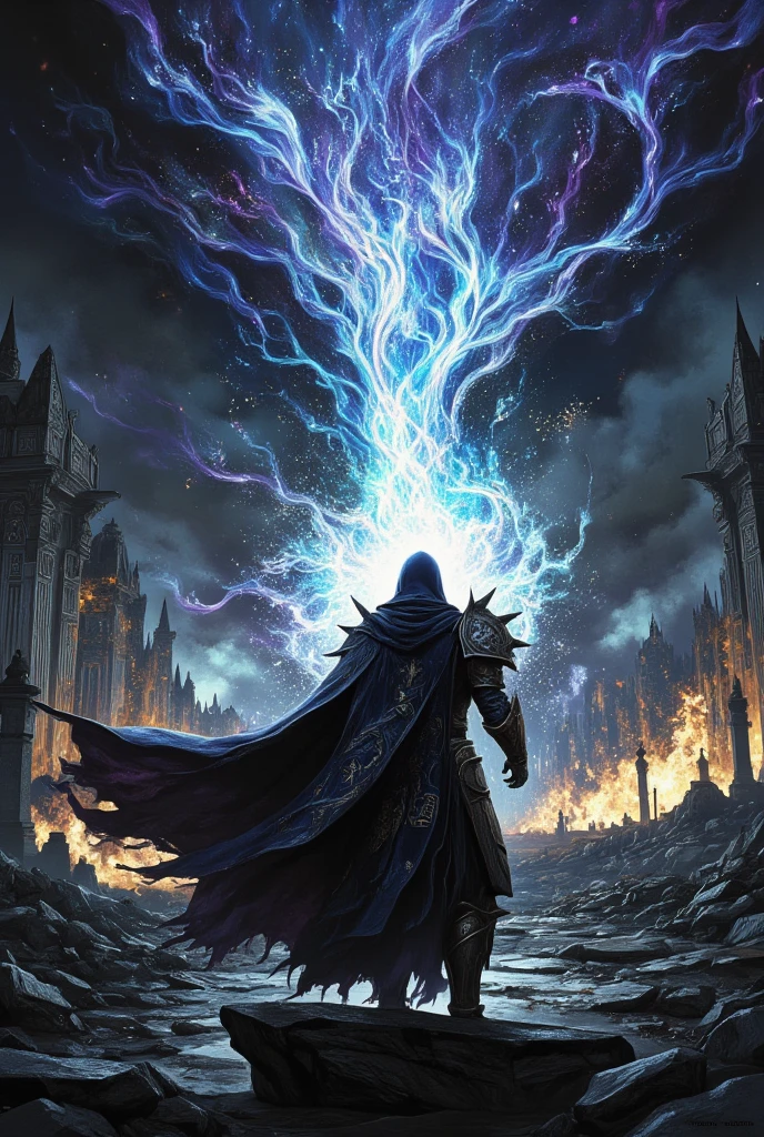 (Picture a dark sorcerer engaged in an epic magical duel) amidst a desolate battlefield riddled with fallen stone statues and blackened earth. The atmosphere is charged with tension, an ethereal wind swirling fallen leaves and ashes around the two combatants. The (sorcerer) is clad in imposing armor etched with sigils of power and veiled in a dark cloak that seems to drink in the surrounding light. His adversary, equally formidable, faces him across the field, creating a scene of dynamic balance. Arcane energies crackle through the air as spells collide, painting the sky with bursts of vibrant, otherworldly colors. This dramatic moment is portrayed in the distinctive, ethereal style of Yoshitaka Amano, melding the dark fantasy elements of Final Fantasy with a vividly artistic flair. The composition suggests motion and intensity, each stroke of color and line emphasizing the powerful aura and unyielding presence of the sorcerer, making the viewer feel the raw magic and the gravity of the confrontation.