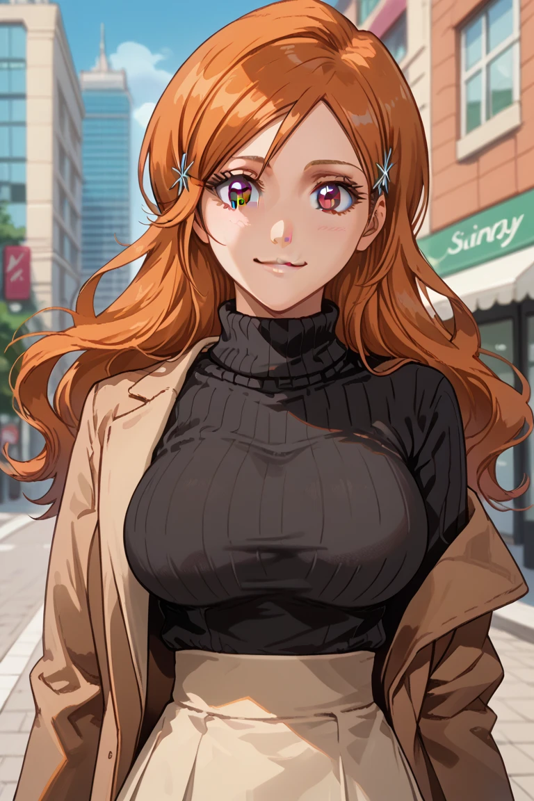 Orihime, BLEACH, spring, sunny day, black sweater, long hair, wavy hair, breasts, brown coat, brown skirt, closed mouth, coat, large breasts, city background, long sleeves, looking at viewer, long hair, off shoulder, brown eyes, orange hair, ribbed sweater, skirt, smile, solo, sweater, swept bangs, turtleneck, turtleneck sweater, upper body, waving,