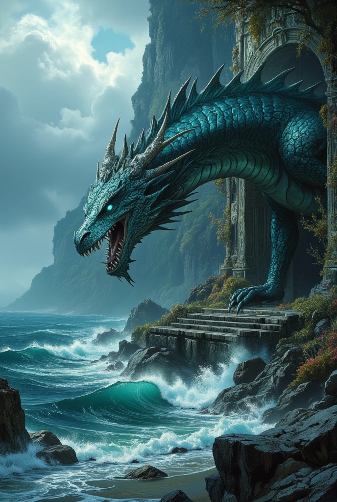 (Create a captivating image of a dragon rising from the ruins of a sunken temple along a misty seashore. The dragon, cloaked in scales that mirror the shifting colors of the ocean – from turquoise to deep sea blue – embodies the mystique and power of the sea itself. Its eyes are a piercing aqua, reflecting the depths of the ocean and secrets long buried. The temple ruins are carved from coral and sea stone, encrusted with barnacles and draped in seaweed, telling tales of an age forgotten. This dragon is both guardian and spirit of the sea, seamlessly blending into its environment. The scene should evoke the haunting beauty and mystery of the ocean, with waves crashing rhythmically against the ancient stones, shrouded in fog. Capture the poetic elegance and otherworldly presence of both dragon and seascape, using Yoshitaka Amano's style to emphasize the ethereal and ever-changing nature of this coastal fantasy.)