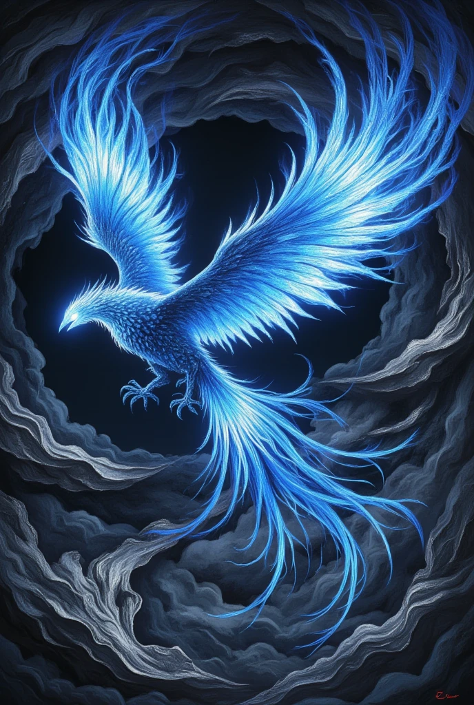 (Create an ethereal and majestic phoenix soaring through a dark, stormy sky. The phoenix's feathers are a brilliant blue flame, casting an otherworldly glow that illuminates its surroundings. Its eyes burn with an intense, intelligent light, suggesting wisdom and ancient power. The scene is imbued with details reminiscent of Yoshitaka Amano's art style, showcasing swooping, intricate lines and graceful forms. The overall atmosphere is one of dark fantasy, combining the ethereal beauty of the phoenix with an ominous, majestic quality. The background should show a swirling vortex of storm clouds, tinged with hints of silver and black, enhancing the mystical, artistic ambiance.)