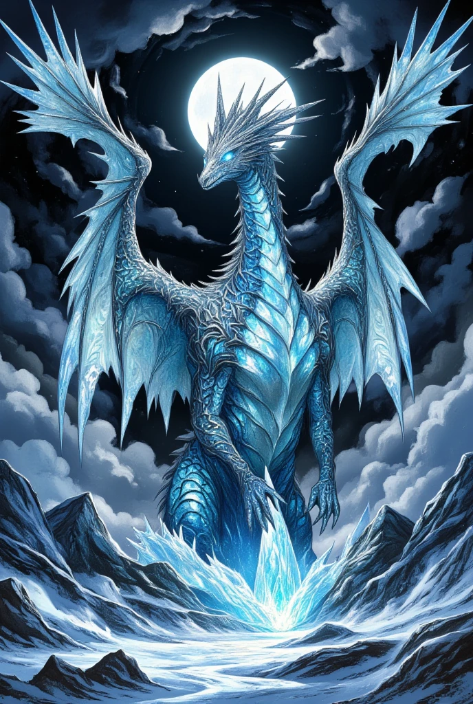 (Convert a towering and fearsome ice dragon emerging from a frozen landscape. The dragon’s scales are crystalline and reflect a spectrum of colors under the pale moonlight, giving it an otherworldly, magical appearance. Its eyes are a piercing icy blue, capable of freezing anything with just a gaze. The creature's wings are vast, edged with shards of ice, and they flare out magnificently against the darkened, snow-laden sky. Capture Yoshitaka Amano's artistic flair through delicate, winding lines and complex details that give the dragon an elegant yet menacing presence. The surrounding area is filled with snowy peaks and glaciers, rendered in expressive, sweeping strokes, evoking a sense of desolation yet beauty in this dark fantasy setting.)