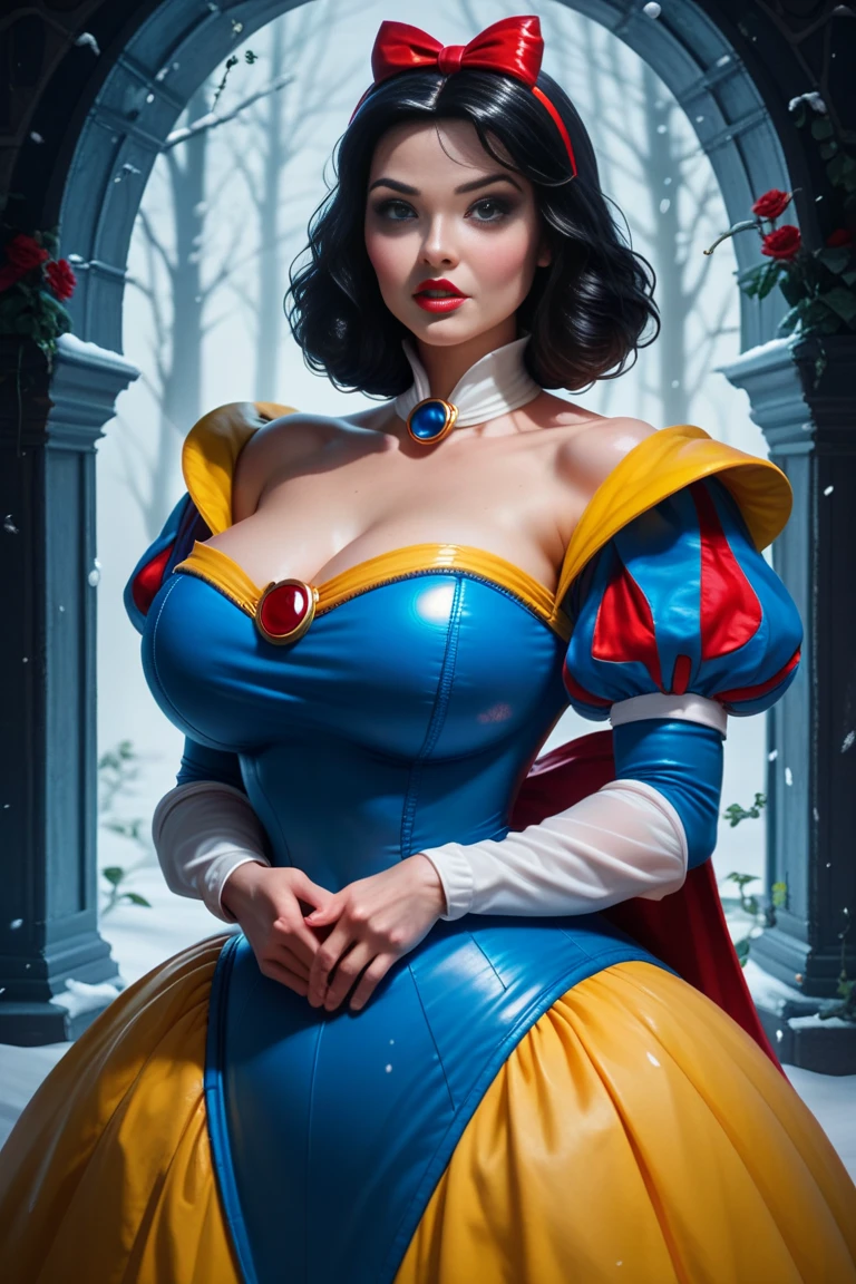 (Disney Princess Snow White is suffocating a human man in her breasts:1.5), Princess Snow White is beautiful young white woman, she has short black hair, and possesses captivating brown eyes, supple red lips, and a sculpted figure. (She wears a gown with a dark blue simply designed bodice with a yellow skirt, large puffy off-the-shoulder sleeves:1.4), she has gigantic breasts:1.4), (She is smothering a man in her breasts:15), (the man’s head is fully in between Snow White’s breasts:1.3), (full body:1.5)