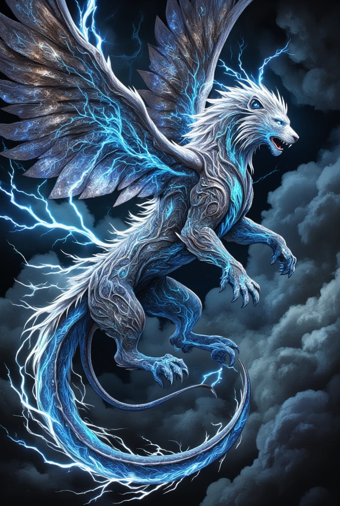 (Create an electrifying chimera embodying various mythical creatures: a lion, eagle, and serpent. Each part seamlessly blends into the other, showcasing its hybrid nature. The chimera vibrates with a crackling energy as bolts of lightning course through its form, illuminating its composite parts in flickering bursts of light. Its eyes are bright and wild, suggesting intelligence and primal ferocity. Channeling Yoshitaka Amano's style, the chimera is detailed with elegant curves and bold strokes, enhancing its fantastical appearance. The background features stormy skies with swirling clouds, accentuated by the occasional flash of lightning, adding drama and intensity to this dark fantasy scene.)