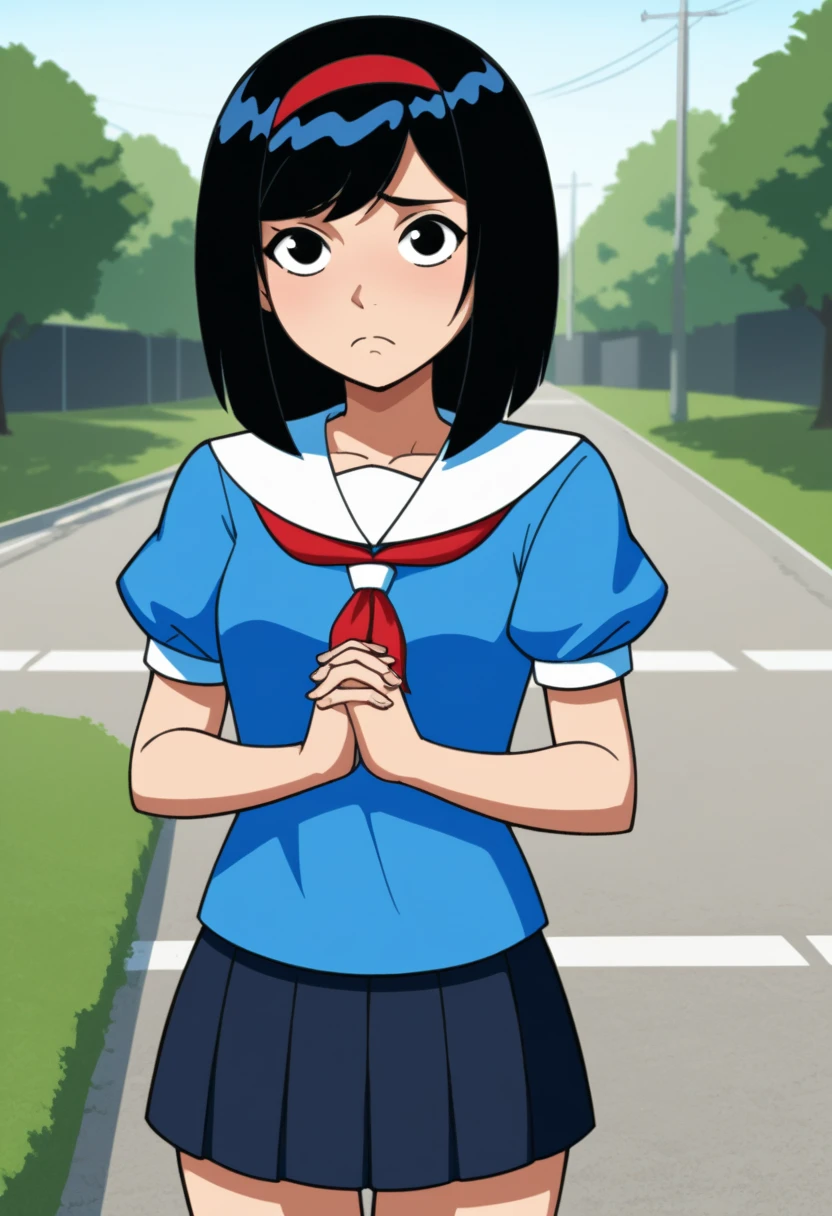 KPYoriGirl, score_9, 1girl, solo, blue shirt, skirt, outdoors, in school, worried, holding hands together, frown, looking at viewer, half body