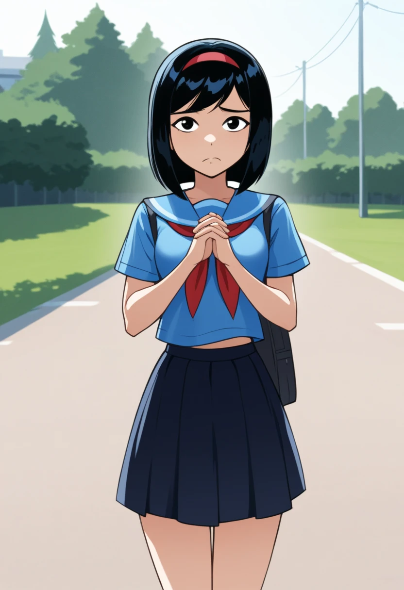 KPYoriGirl, score_9, 1girl, solo, blue shirt, skirt, outdoors, in school, worried, holding hands together, frown, looking at viewer, half body