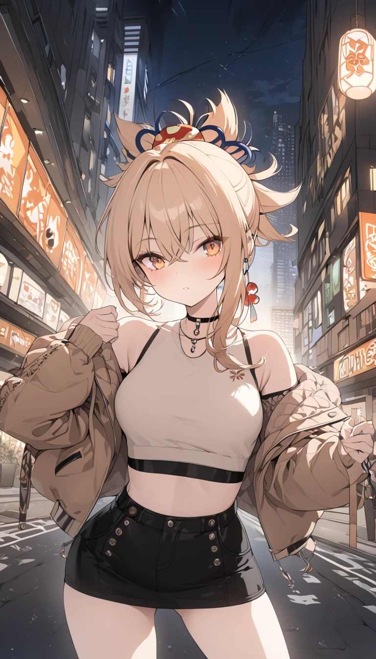 (best quality, masterpiece), 1women ,4k, 8k, uhd, hdr, detailed background, beautiful detailed eyes, long hair,Autumn outfits, Fashion Snap, (), Cropped lace detail top（black）,off-shoulder knit, jacket, a miniskirt, boots, rcasual, , Dynamic pose,  yoimiya, bangs, blonde hair, hair ornament, hair between eyes, ponytail, sidelocks, orange eyes, light brown hair, whole body, night , street, best quality, masterpiece), 1women ,4k, 8k, uhd, hdr, detailed background,mature female, (negative_v2 Color_Balance_Calibration:0.8), unaestheticXL_cbp62 , negativeXL_D