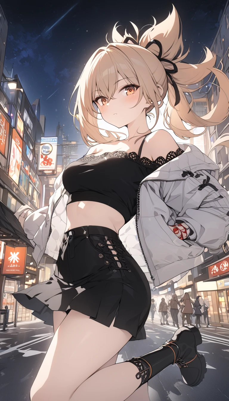 (best quality, masterpiece), 1women ,4k, 8k, uhd, hdr, detailed background, beautiful detailed eyes, long hair,Autumn outfits, Fashion Snap, (), Cropped lace detail top（black）,off-shoulder knit, jacket, a miniskirt, boots, rcasual, , Dynamic pose,  yoimiya, bangs, blonde hair, hair ornament, hair between eyes, ponytail, sidelocks, orange eyes, light brown hair, whole body, night , street, best quality, masterpiece), 1women ,4k, 8k, uhd, hdr, detailed background,mature female, (negative_v2 Color_Balance_Calibration:0.8), unaestheticXL_cbp62 , negativeXL_D