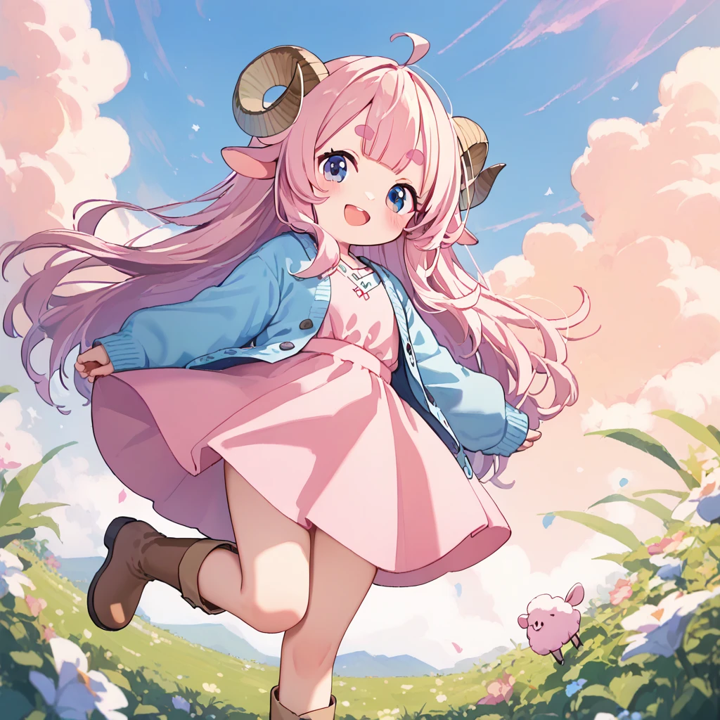 score_9, score_8_up, score_7_up, source_anime, (masterpiece:1.3, best quality:1.3, 8k,  highres icon:1.3, good anatomy), 1girl,  pink fluffy long hair \ Fluffy Long Hair, Sheep&#39;s round horns, Thick eyebrows, smile,  Pink Dress ,  sky blue cardigan ,  brown boots , white beard :1.5,  cute BREAK Alphonse Mucha background:1.5