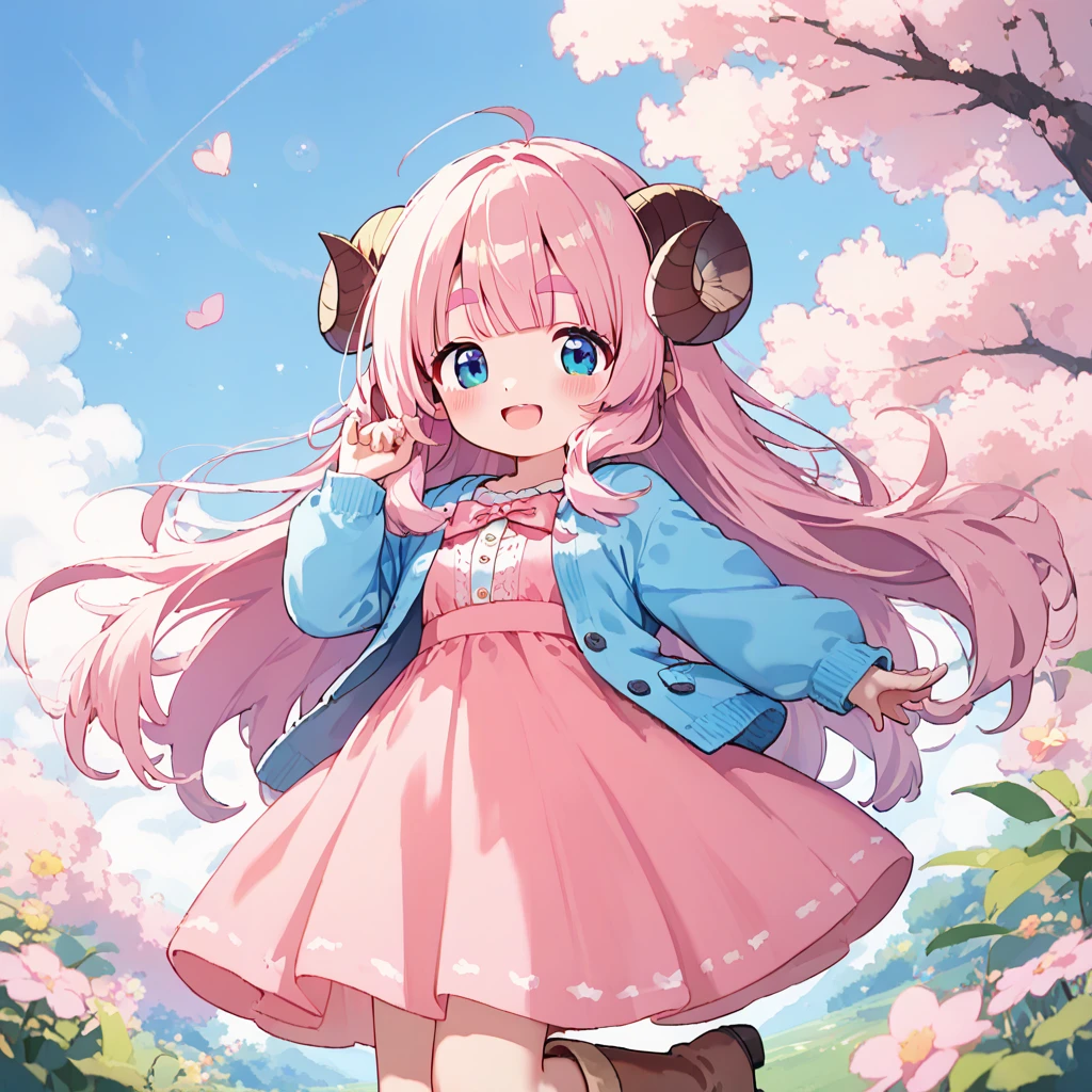 score_9, score_8_up, score_7_up, source_anime, (masterpiece:1.3, best quality:1.3, 8k,  highres icon:1.3, good anatomy), 1girl,  pink fluffy long hair \ Fluffy Long Hair, Sheep&#39;s round horns, Thick eyebrows, smile,  Pink Dress ,  sky blue cardigan ,  brown boots , white beard :1.5,  cute BREAK Alphonse Mucha background:1.5