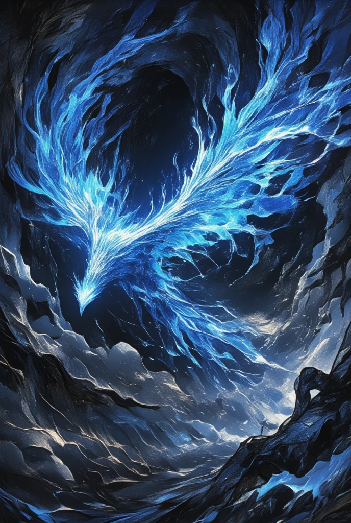 (Create an ethereal and majestic phoenix soaring through a dark, stormy sky. The phoenix's feathers are a brilliant blue flame, casting an otherworldly glow that illuminates its surroundings. Its eyes burn with an intense, intelligent light, suggesting wisdom and ancient power. The scene is imbued with details reminiscent of Yoshitaka Amano's art style, showcasing swooping, intricate lines and graceful forms. The overall atmosphere is one of dark fantasy, combining the ethereal beauty of the phoenix with an ominous, majestic quality. The background should show a swirling vortex of storm clouds, tinged with hints of silver and black, enhancing the mystical, artistic ambiance.)