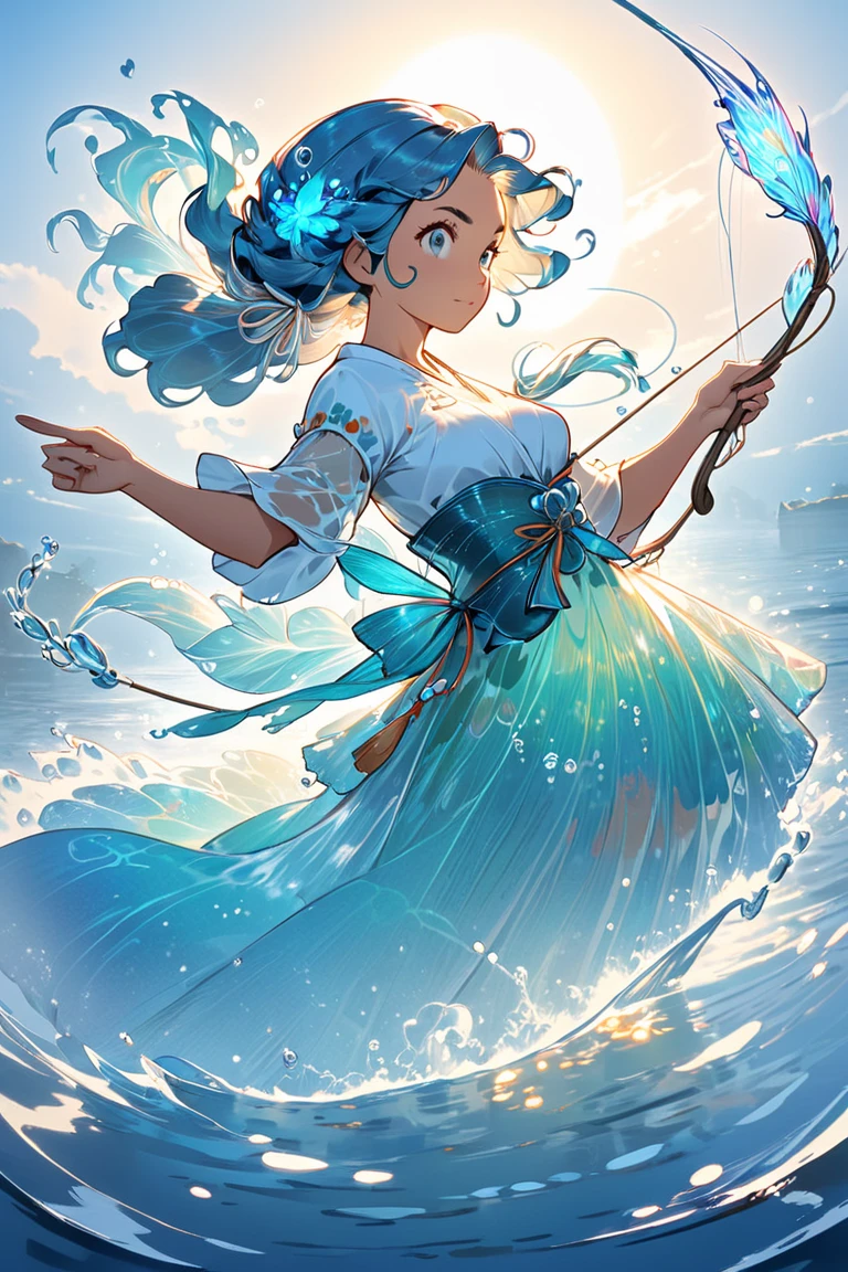 A stylized cartoon concept drawing of an amazonic hunting fisher woman mermaid pointing with her magic bow, she has a very dynamic hair, water hair texture, transluscent water hair, magic hair like a fishing net ready to capture her prey, in Honkai Star Rail art style, concept by Makoto Shinkai, cartoon stylized 2d game art style,  soft shading