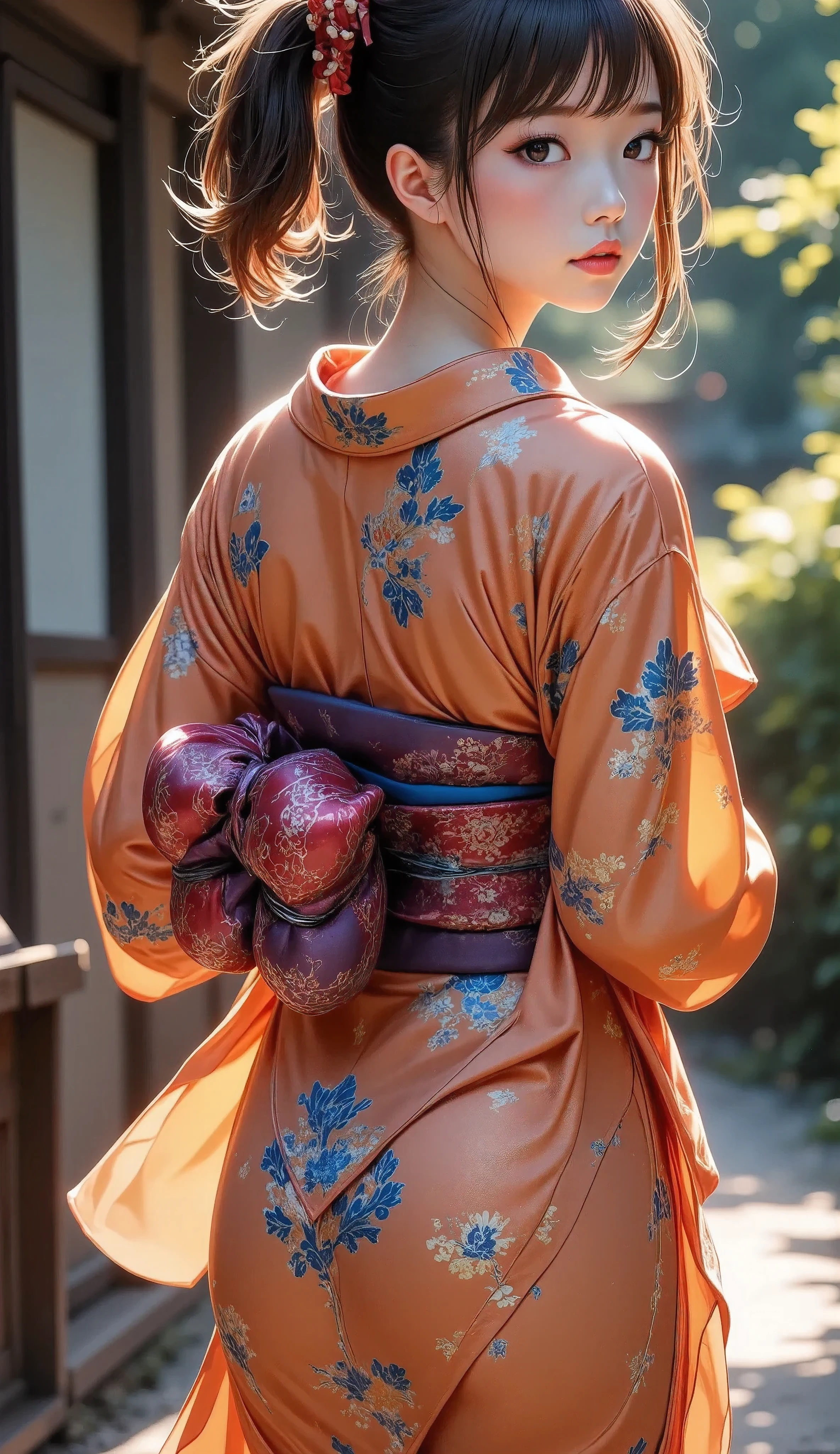 A beautifully dressed woman in a luxurious Japanese kimono sitting on a futon in a traditional Japanese room, her back turned to the viewer, the kimono slightly open revealing her elegant shoulders and back, her expression alluring and serene, 1 girl, beautiful detailed eyes, beautiful detailed lips, extremely detailed face, long eyelashes, porcelain skin, graceful posture, high quality kimono with intricate and vibrant patterns, Japanese aesthetic, shafts of light, natural lighting, warm color palette, photorealistic, masterpiece, (best quality,4k,8k,highres,masterpiece:1.2),ultra-detailed,(realistic,photorealistic,photo-realistic:1.37),HDR,UHD,studio lighting,ultra-fine painting,sharp focus,physically-based rendering,extreme detail description,professional,vivid colors,bokeh,portrait