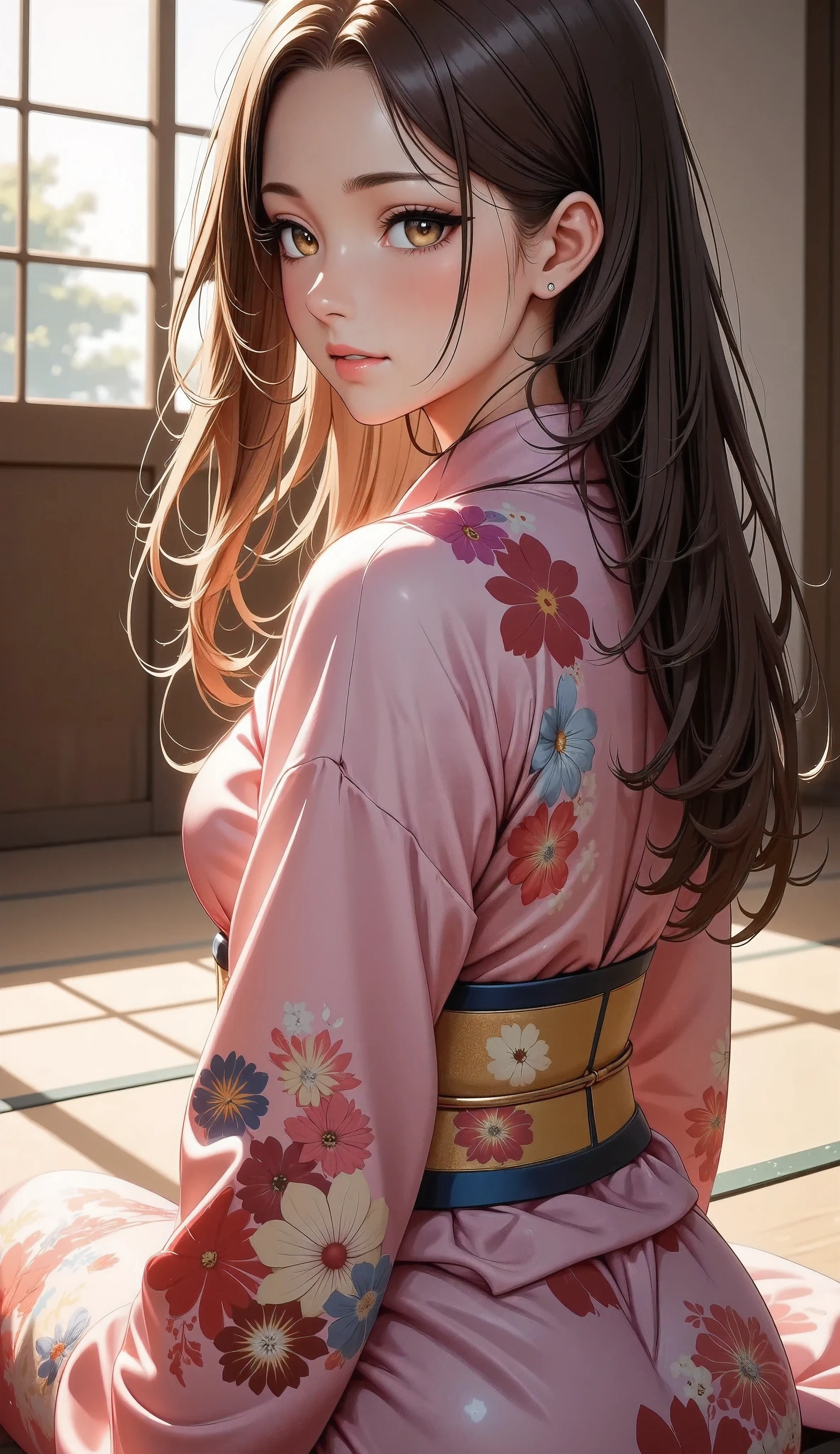 A beautifully dressed woman in a luxurious Japanese kimono sitting on a futon in a traditional Japanese room, her back turned to the viewer, the kimono slightly open revealing her elegant shoulders and back, her expression alluring and serene, 1 girl, beautiful detailed eyes, beautiful detailed lips, extremely detailed face, long eyelashes, porcelain skin, graceful posture, high quality kimono with intricate and vibrant patterns, Japanese aesthetic, shafts of light, natural lighting, warm color palette, photorealistic, masterpiece, (best quality,4k,8k,highres,masterpiece:1.2),ultra-detailed,(realistic,photorealistic,photo-realistic:1.37),HDR,UHD,studio lighting,ultra-fine painting,sharp focus,physically-based rendering,extreme detail description,professional,vivid colors,bokeh,portrait