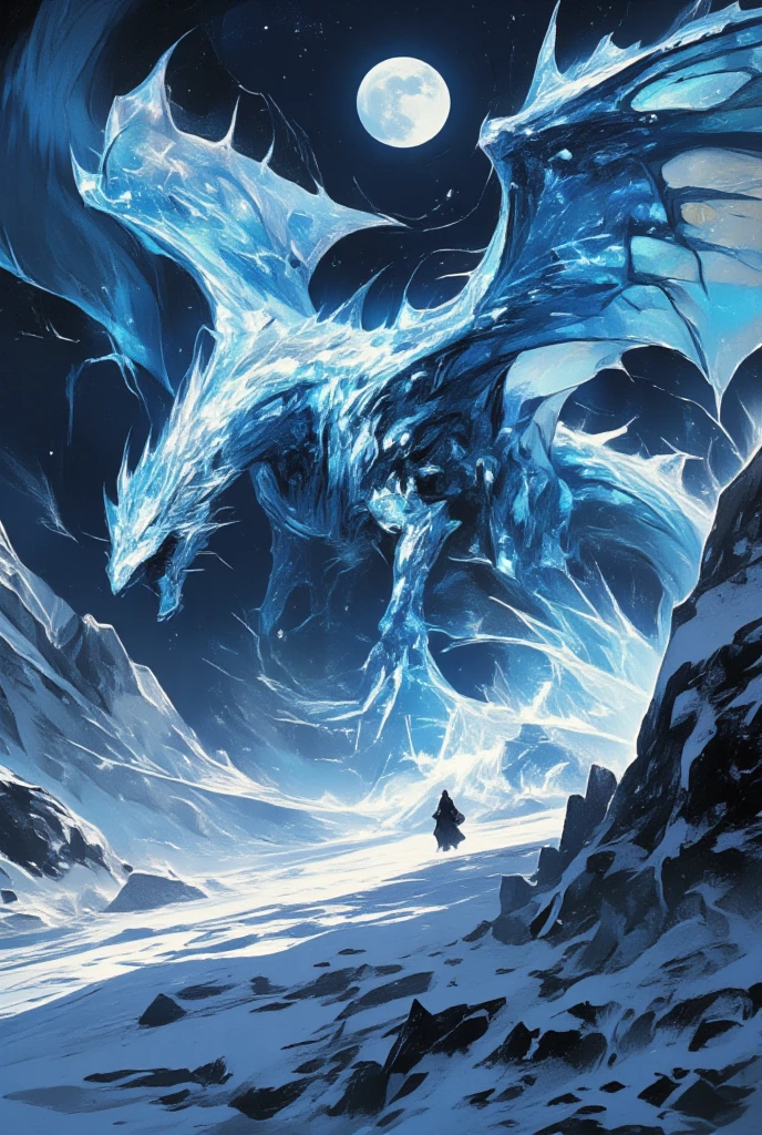 (Convert a towering and fearsome ice dragon emerging from a frozen landscape. The dragon’s scales are crystalline and reflect a spectrum of colors under the pale moonlight, giving it an otherworldly, magical appearance. Its eyes are a piercing icy blue, capable of freezing anything with just a gaze. The creature's wings are vast, edged with shards of ice, and they flare out magnificently against the darkened, snow-laden sky. Capture Yoshitaka Amano's artistic flair through delicate, winding lines and complex details that give the dragon an elegant yet menacing presence. The surrounding area is filled with snowy peaks and glaciers, rendered in expressive, sweeping strokes, evoking a sense of desolation yet beauty in this dark fantasy setting.)