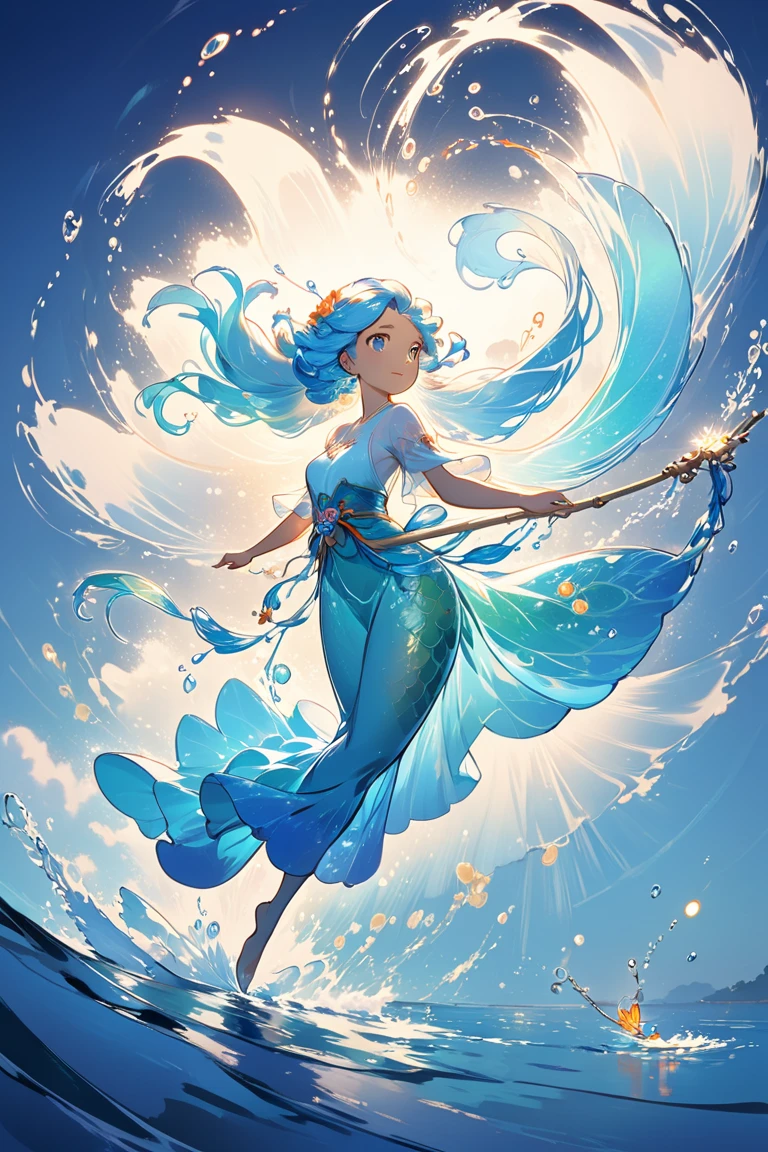 A stylized cartoon concept drawing of a magic mermaid with a very dynamic and translucent water hair open like a fishing net ready to capture her prey, in Honkai Star Rail art style, concept by Makoto Shinkai, cartoon stylized 2d game art style, soft shading