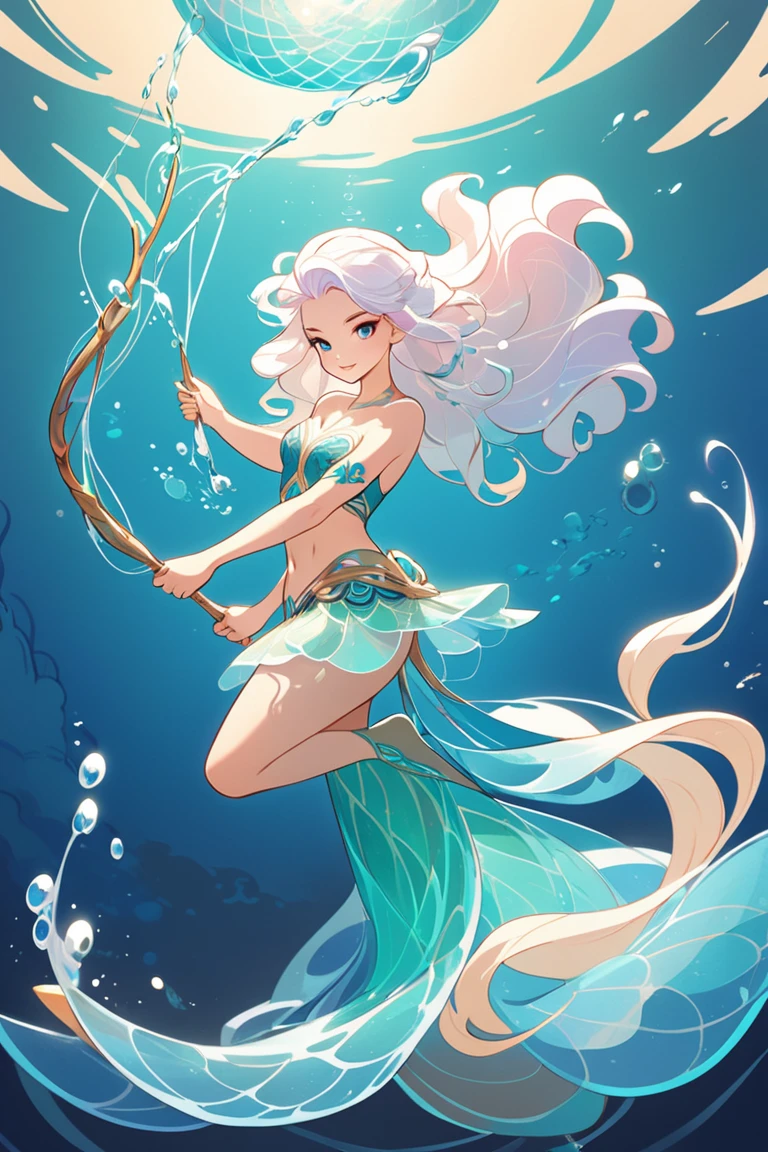 A stylized cartoon concept drawing of a magic mermaid with a very dynamic and translucent water hair open like a fishing net ready to capture her prey, in Honkai Star Rail art style, concept by Makoto Shinkai, cartoon stylized 2d game art style, soft shading