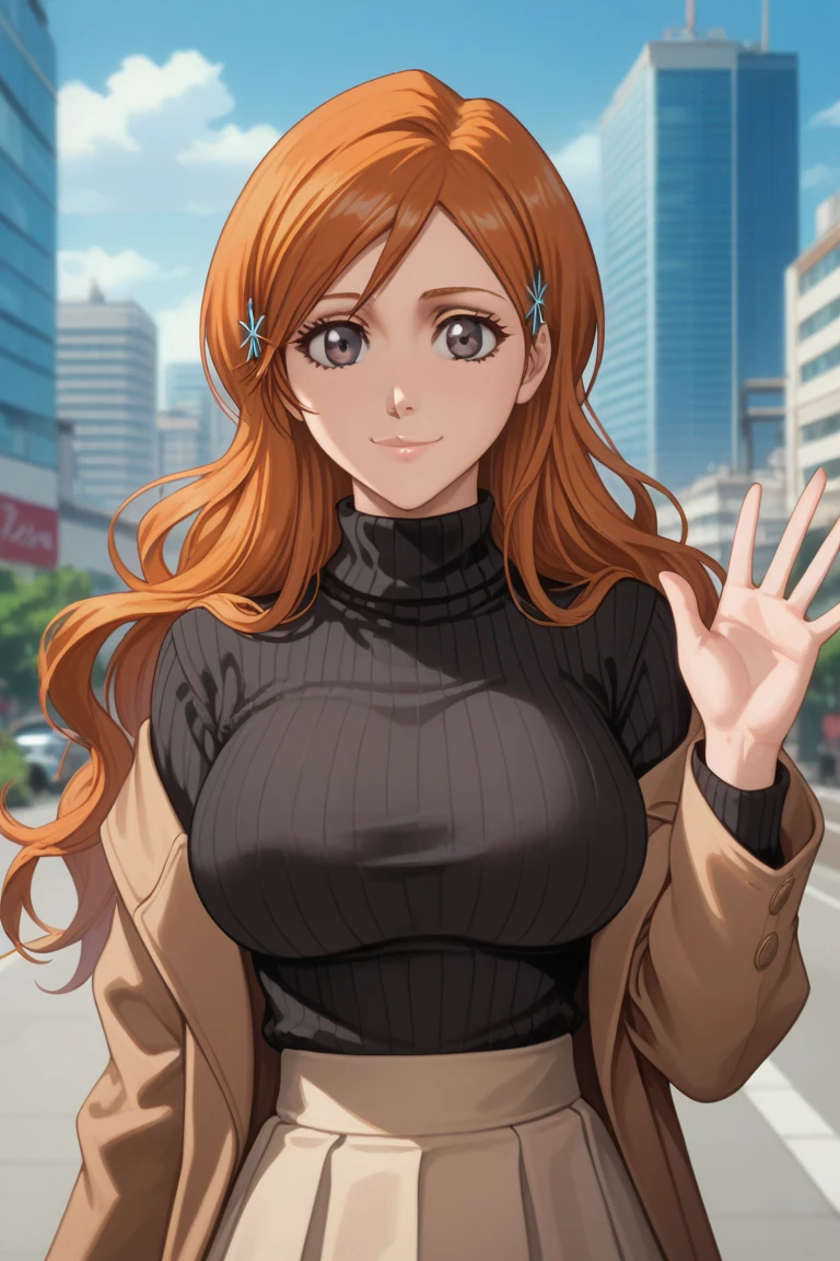 Orihime, BLEACH, spring, sunny day, black sweater, long hair, wavy hair, breasts, brown coat, brown skirt, closed mouth, coat, large breasts, city background, long sleeves, looking at viewer, long hair, off shoulder, brown eyes, orange hair, ribbed sweater, skirt, smile, solo, sweater, swept bangs, turtleneck, turtleneck sweater, upper body, waving,