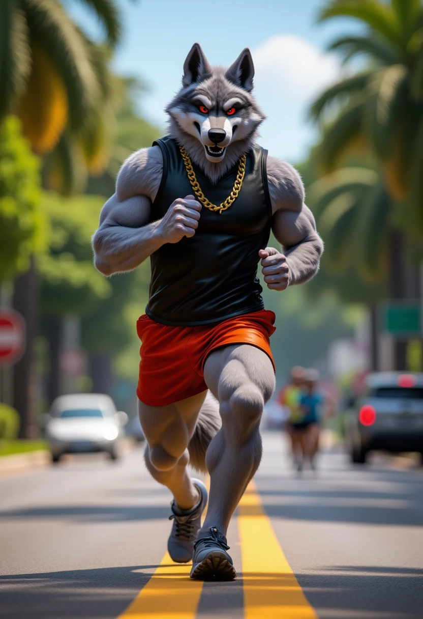  A highly detailed and realistic 3D rendering of a werewolf in leather clothing , eyes, Muscular, and antro ,  running outdoors at high speed on a Sunny day .  The wolf's athletic body shines with sweat , emphasizing your well-defined muscles,  as he runs of a vibrant urban road .  around his neck ,  a shiny gold chain bounces dynamically with each stride ,  adding a touch of elegance and energy to the scene .  He's wearing stylish Nike running shoes that match his clothing perfectly : comfortable, breathable athletic shorts in bold colors that highlight his canful legs.  The background shows a bustling suburban street with cars passing trees and tropics swaying gently in the breeze.  The wolf's expression is intense and focused ,  with drops of sweat dripping down his face ,  showing the effort and determination in his race .

 Rendered with CyberRealistic ,  photorealistic ,  and Hyper-Realistic techniques ,  this piece captures the raw energy of a high-performance athlete .  Cinematic lighting highlights the textures of his fur and the sheen of his gold chain , while vibrant ,  intricate colors add depth to the surroundings .  The scene exudes movement , can,  and a uniquely Brazilian climate ,  blending athletic style ,  red eyes, white pele,