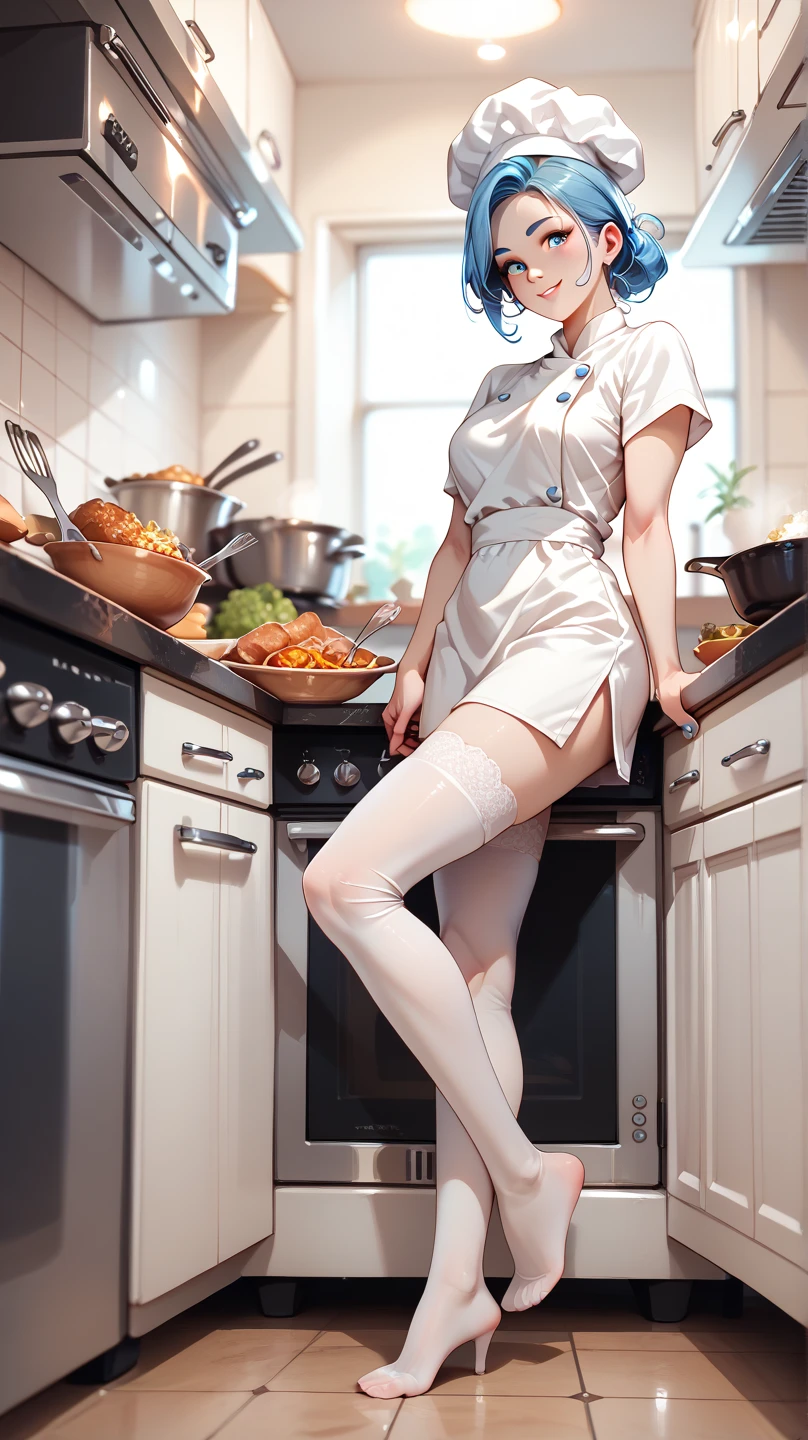 Cook Girl,  chef , in white, HD,  high quality,  high definition, In white stockings,   blue eyes ,  blue hair, blue eyebrows .