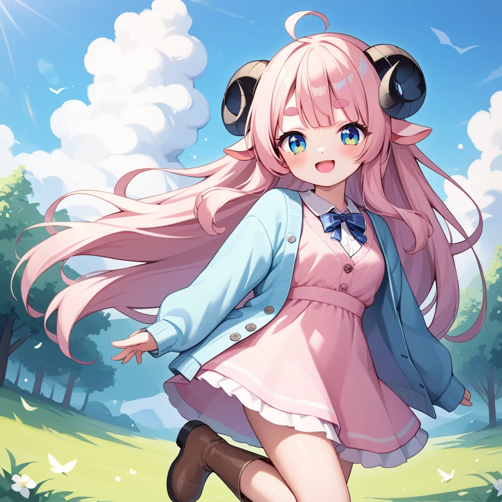 score_9, score_8_up, score_7_up, source_anime, (masterpiece:1.3, best quality:1.3, 8k,  highres icon:1.3, good anatomy), 1girl, white beard :1.5,  pink fluffy long hair \ Fluffy Long Hair, Sheep&#39;s round horns, Thick eyebrows, smile,  Pink Dress ,  sky blue cardigan ,  brown boots ,  cute BREAK Alphonse Mucha background:1.5