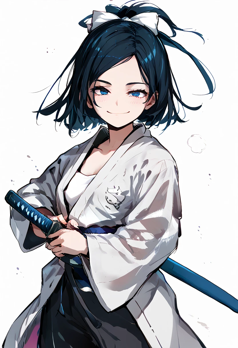  ,Black hair,Long hair,Ponytail, in blue eyes,Yukata set,Aggressive page, put on dumplings.,thigh,stand,, Wearing Black Shorts,Blue scarf,samurai,iaidow post ,Aura Black ,ready to draw post,Katana sword, small breasts,Smile widely