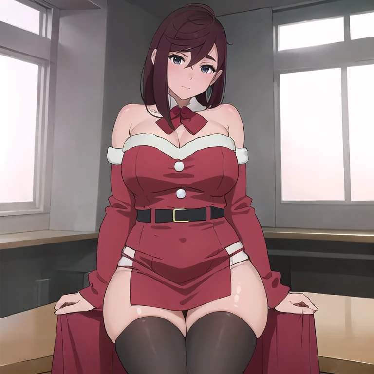 (Ayase Momo from anime dandadan),sitting on a chair in a room, very sexy Dressed as Santa Claus , sexy outfit, sexy look, revealing outfit, sexy girl, thicc, massive legs towering over you, seductively looking in front, intriguing outfit, thighhighs and skirt, revealing clothes, tight outfit, sexy dress, very sexy, better known as amouranth, sexy :8