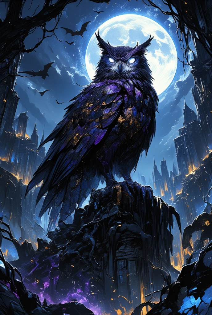 Illustrate an enigmatic owl perched upon the remnants of ancient ruins, with a commanding presence that conjures an air of mystery and sagacity. The owl's feathers should appear as a wondrous mosaic, shimmering with shades of midnight black, celestial purple, and stardust gold, creating a ghostly silhouette against the twilight sky. Its piercing eyes should mirror the moon, holding within them tales of bygone eras and forgotten realms. Integrate Amano's gothic elegance by designing the ruins with intricate carvings entwined with crawling ivy and illuminated by ethereal blue luminescence. Surround the owl with a tapestry of nocturnal motifs—swooping bats and spectral wisp lights that evoke a sense of the unknown. Convey the intricate feather patterns and the frosty breath escaping its beak with a careful brushwork approach seen in Amano’s work, generating an evocative interplay of light and shadow, fully immersing the viewer in an artistic wilderness of fantasy and enigma.