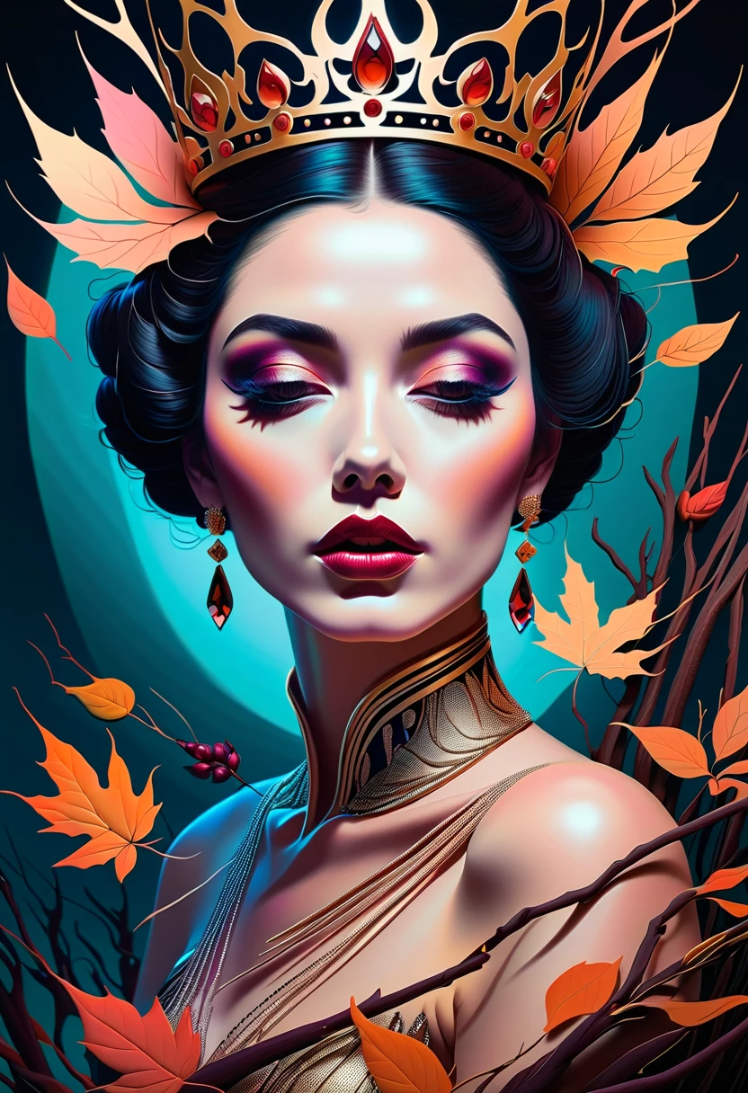  light-dark technique in a sensual illustration of a queen of sticks,  vintage queen , scary, matte painting, by Hannah Dale, By Harumi Hironaka,  extremely soft colors , Pastel tip , vibrant,   highly detailed  , Digital Art,   , dramatic, refined, tonal,  higher quality ， Correct anatomy ， ultra wide angle ， depth of fields ,  Autumn Energy 