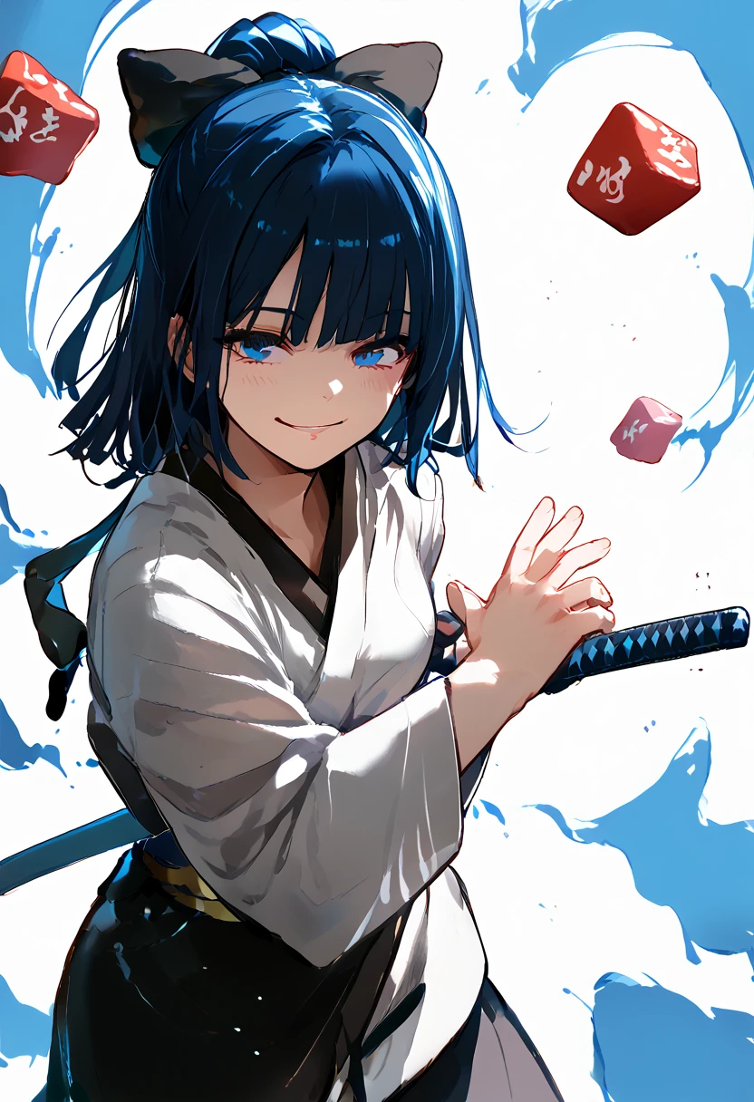  ,Black hair,Long hair,Ponytail, in blue eyes,Yukata set,Aggressive page, put on dumplings.,thigh,stand,, Wearing Black Shorts,Blue scarf,samurai,iaidow post ,Aura Black ,ready to draw post,Katana sword, small breasts,Smile widely,cute