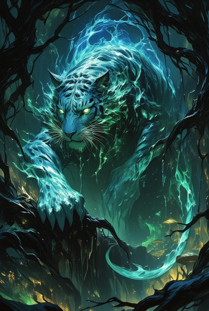 Create an ethereal portrait of a mystical forest tiger, embodying the spirit of a Final Fantasy creature. (The tiger is portrayed with a shimmering silver and blue striped coat, casting an enigmatic glow in the dim light of a moonlit forest. Its eyes are a vivid, haunting emerald green, conveying both wisdom and an untamed ferocity. The surrounding environment is a lush, fantastical woodland, with towering, twisted trees and faintly glowing mushrooms dotting the forest floor. The tiger’s form is both majestic and surreal, blending seamlessly into the dreamlike ambiance.) In the style of Yoshitaka Amano, employ elements of dark fantasy art, capturing an artistic and mysterious mood. The composition should juxtapose the tiger’s imposing presence against the intricacy of the fantasy forest, utilizing delicate, swirling lines and an interplay of light and shadow to enhance the otherworldly atmosphere. The mood should be one of reverence and wonder, as if the viewer is encountering an ancient, mythical guardian of the woods.