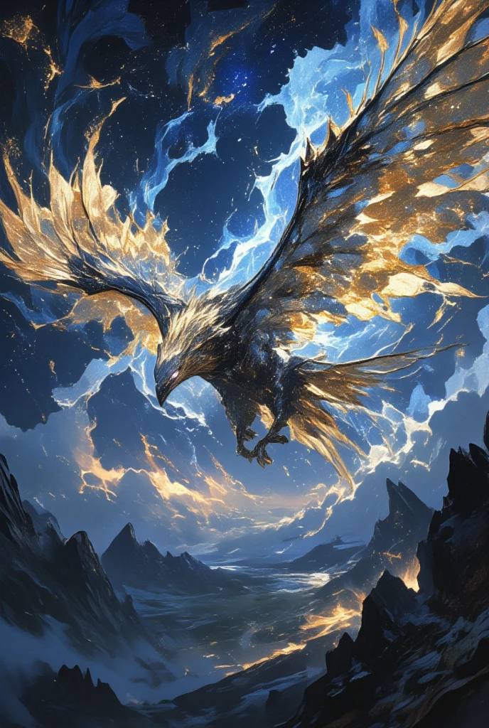 Imagine a celestial eagle soaring through the skies, reminiscent of a formidable creature from the Final Fantasy universe. (The eagle is depicted with an expansive wingspan, adorned with intricate golden and white feathers that shimmer like stardust against a deep, twilight sky. Its eyes are a piercing sapphire, filled with an ancient intelligence and a warrior's determination. The eagle glides above a fantastical landscape below, where jagged peaks and ethereal cloud formations create a dramatic vista.) In Yoshitaka Amano's signature dark fantasy style, focus on crafting an artistic portrayal that elevates the mystical qualities of the eagle. Employ fluid, graceful lines to suggest movement and majesty, contrasting the eagle's celestial presence with the vast, undulating expanse of the heavens. The overall mood should be one of awe and power, as if the viewer is witnessing a divine envoy navigating the realm between sky and earth.