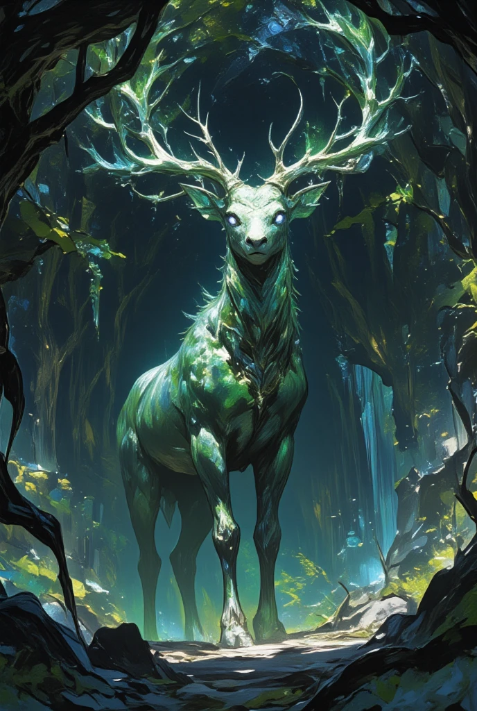 Visualize an arcane stag within an enchanted glade, embodying the magical essence typical of creatures in the Final Fantasy series. (The stag’s coat is a blend of iridescent shades of green and silver, which catch and refract light, giving it an ethereal luminescence. Its antlers are massive, resembling branches of gnarled wood adorned with delicate crystalline formations. The stag’s gaze is calm yet penetrating, eyes glowing softly with a mystical violet hue.) Set the scene in a mystical clearing surrounded by shadowy, ancient trees whose leaves whisper with a life of their own. In the distinct style of Yoshitaka Amano, emphasize the grandeur and magical allure of the landscape, using dark fantasy elements to enhance the artistic quality of the image. The portrayal should evoke a sense of ancient wisdom and enchantment, as though the stag is a silent sentinel of the natural world.