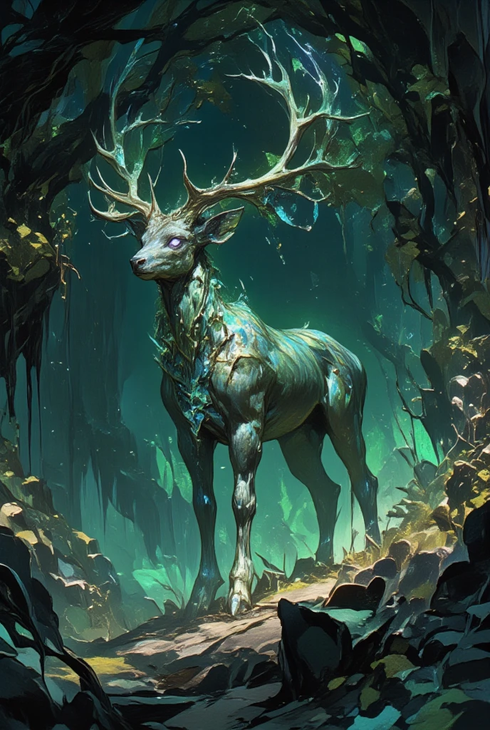 Visualize an arcane stag within an enchanted glade, embodying the magical essence typical of creatures in the Final Fantasy series. (The stag’s coat is a blend of iridescent shades of green and silver, which catch and refract light, giving it an ethereal luminescence. Its antlers are massive, resembling branches of gnarled wood adorned with delicate crystalline formations. The stag’s gaze is calm yet penetrating, eyes glowing softly with a mystical violet hue.) Set the scene in a mystical clearing surrounded by shadowy, ancient trees whose leaves whisper with a life of their own. In the distinct style of Yoshitaka Amano, emphasize the grandeur and magical allure of the landscape, using dark fantasy elements to enhance the artistic quality of the image. The portrayal should evoke a sense of ancient wisdom and enchantment, as though the stag is a silent sentinel of the natural world.