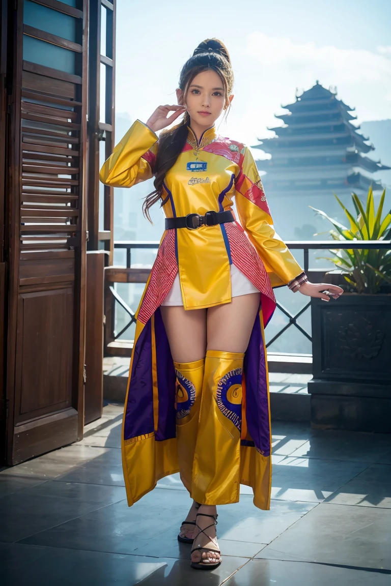 An Indonesian-styled futuristic suit worn by a girl depicting cultural fusion and modern fashion. The suit is adorned with intricate patterns and vibrant colors, showcasing the rich heritage of Indonesia. The girl stands confidently in a dynamic pose, with her detailed eyes reflecting determination and curiosity. The suit's material is a combination of traditional textiles and futuristic synthetic fabrics, giving it a unique and avant-garde appearance. The overall image quality is of the highest standard, with sharp focus and ultra-detailed rendering. The artwork employs physically-based rendering techniques, resulting in realistic lighting and shadows. The colors are vivid and vibrant, capturing the essence of Indonesian cultural aesthetics. The background features a fusion of modern architecture and traditional elements, creating a harmonious blend of the past and the future. The prompt explores the intersection of Indonesian culture, futuristic design, and the artistic representation of a confident girl.