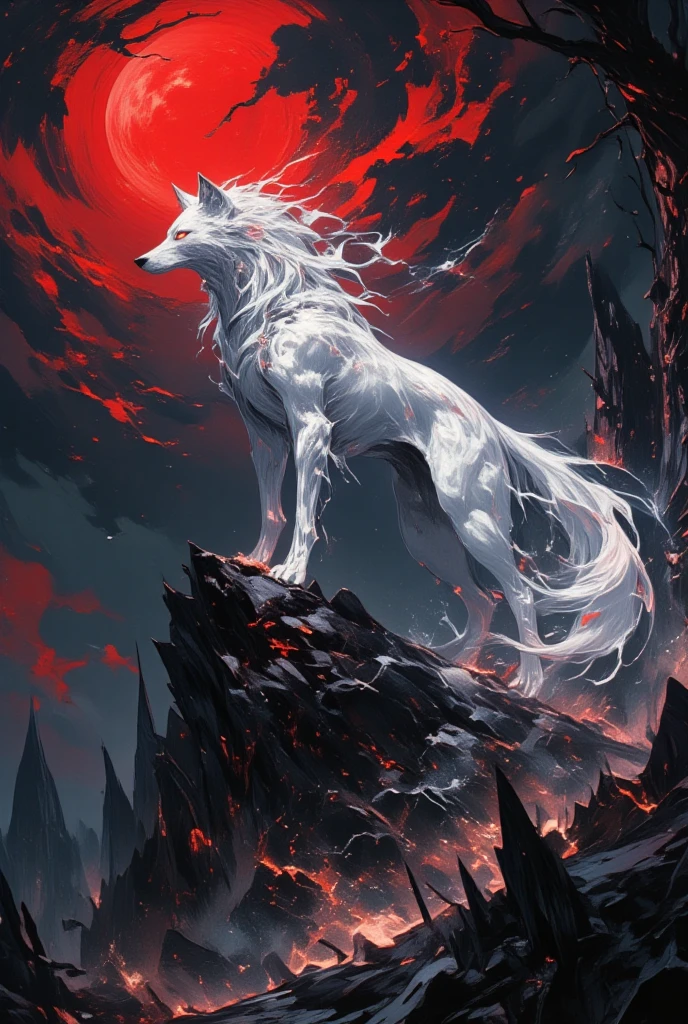 Capture a dramatic portrait of a phantom wolf under the glow of a blood moon, standing proudly atop a craggy outcrop. The wolf's coat should be a swirling tempest of shades—ghostly white intertwined with smoldering silver and flickers of blood-red reflections, the fur mimicking the ephemeral quality of smoke in the moonlight. Its eyes should burn with an inner fire, revealing the wild, untamed essence of its spirit. Invoke Amano's mystical flair by framing the scene with jagged rocks that taper into shadowy spires against a sky sprinkled with foreboding clouds. Artfully integrate skeletal trees, their branches reaching skyward like ancient, gnarled fingers, enveloping the scene in a darkly intense atmosphere. Use bold, expressive strokes to bring out the fluid motion in the wolf's stance, ensuring the image resonates with the moody, haunting beauty characteristic of dark fantasy art, while also drawing inspiration from Final Fantasy’s epic and sweeping visuals.