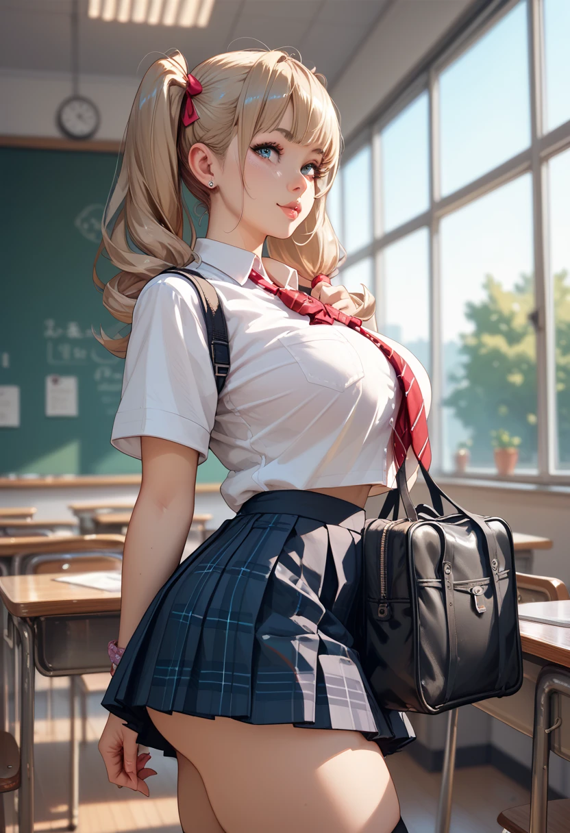 a beautiful 20 year old blonde woman with big messy hair, side ponytail, in a short plaid skirt, white stockings, transparent white dress shirt tied up in a knot, cleavage, navel, classroom setting, rossdraws cartoon vibrant, cute detailed digital art, colorfull digital fantasy art, digital fantasy art ), glossy digital painting, rossdraws pastel vibrant, rossdraws 2. 5, rossdraws 1. 0
