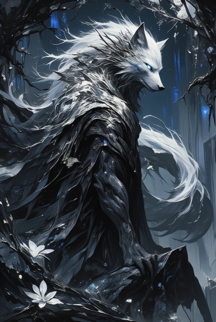 Create a striking portrait of a formidable wolf set in a realm where the mystical and the natural coexist. (The wolf appears as a mythical being with piercing ice-blue eyes that seem to hold ancient wisdom.) Depict its fur as a flowing tapestry of silver and charcoal hues, reflecting the moonlight in an ethereal glow. Intricate tribal markings ripple across its strong, muscular frame, hinting at its legendary status within its world. The background is a lush, enchanted forest, teeming with the spectral outlines of fantastical plants and trees that whisper secrets in a language long forgotten by humans. The landscape is shrouded in mist, giving the scene a mysterious and otherworldly aura. Utilize the art style of Yoshitaka Amano, capturing his signature ethereal delicacy, elongated forms, and elegant lines. Emphasize a dark fantasy theme, infusing the wolf with an artistic, almost surreal demeanor. Use a limited color palette of blacks, whites, silvers, and subtle midnight blues to encapsulate the elegance and grace of this wild creature. This image should evoke a sense of an epic saga, hinting at untold stories and unfathomable depths within the creature's gaze.