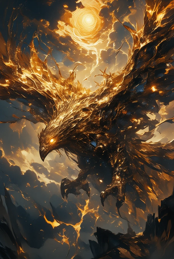 Portray an imposing eagle, a sovereign of the skies in a fantasy world torn between light and darkness. (The eagle's eyes blaze with a golden fire, embodying the sun's fierce energy and the passage of time.) Its plumage appears as a cascade of burnished gold and bronze feathers, each intricately detailed and shimmering with supernatural brilliance. Swirling wind motifs are etched into its wings, symbolizing its command over the skies and tempests. The background reveals a dramatic skyline of dark, swirling clouds pierced by radiant beams of sunlight, suggesting the eternal struggle between the forces of light and shadow. Adopt the art style of Yoshitaka Amano, focusing on his ethereal abstraction and the interplay of light and shadow. The eagle's pose should convey both grace and immense power, hovering between the ethereal and the corporeal. Integrate dark fantasy elements, using a palette dominated by deep golds, dusky browns, and the stark contrast of stormy greys. This artwork should inspire awe and reflect the grandeur of this legendary air-borne guardian.