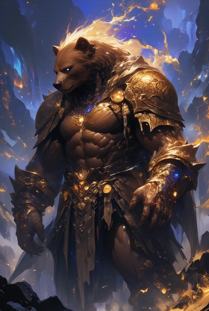 Depict a mighty bear as a guardian of the ancient, mystical mountain forests within a fantasy world. (The bear's eyes are deep and thoughtful, akin to pools of liquid amethyst, conveying wisdom and primal power.) Its fur is a rich tapestry of earthen browns, interwoven with strands of radiant gold that shimmer in the dappled sunlight, suggesting a connection to the earth's primordial forces. Its powerful build is accentuated with runic markings that cascade across its shoulders and legs, pulsing with an ancient, magical aura. The backdrop reveals a dramatic mountain landscape, shrouded in mists that part to reveal glimpses of celestial bodies in the night sky, casting an ethereal glow upon the scene. Adopt a style reminiscent of Yoshitaka Amano, merging his signature delicate details with robust forms. A dark fantasy tone permeates the image, using rich earthy tones, luminous golds, and the subtle interplay of twilight shades to highlight the bear's majestic presence. This portrait should encompass the raw power and serene authority of this noble guardian.