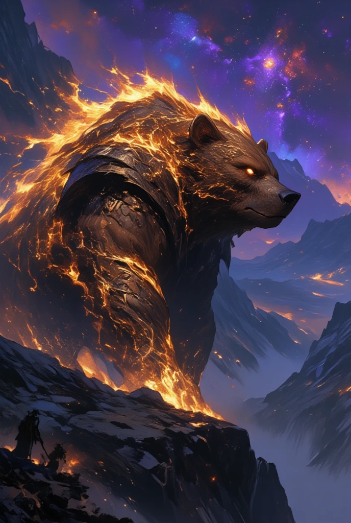 Depict a mighty bear as a guardian of the ancient, mystical mountain forests within a fantasy world. (The bear's eyes are deep and thoughtful, akin to pools of liquid amethyst, conveying wisdom and primal power.) Its fur is a rich tapestry of earthen browns, interwoven with strands of radiant gold that shimmer in the dappled sunlight, suggesting a connection to the earth's primordial forces. Its powerful build is accentuated with runic markings that cascade across its shoulders and legs, pulsing with an ancient, magical aura. The backdrop reveals a dramatic mountain landscape, shrouded in mists that part to reveal glimpses of celestial bodies in the night sky, casting an ethereal glow upon the scene. Adopt a style reminiscent of Yoshitaka Amano, merging his signature delicate details with robust forms. A dark fantasy tone permeates the image, using rich earthy tones, luminous golds, and the subtle interplay of twilight shades to highlight the bear's majestic presence. This portrait should encompass the raw power and serene authority of this noble guardian.