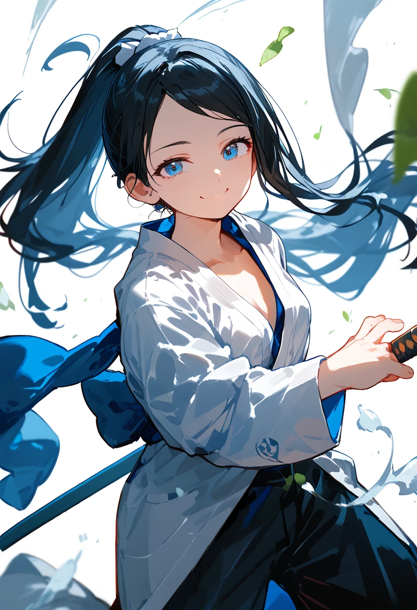  ,Black hair,Long hair,Ponytail, in blue eyes,Yukata set,Aggressive page, put on dumplings.,thigh,stand,, Wearing Black Shorts,Blue scarf,samurai,iaidow post ,Aura Black ,ready to draw post,Katana sword, small breasts,Smile widely,cute