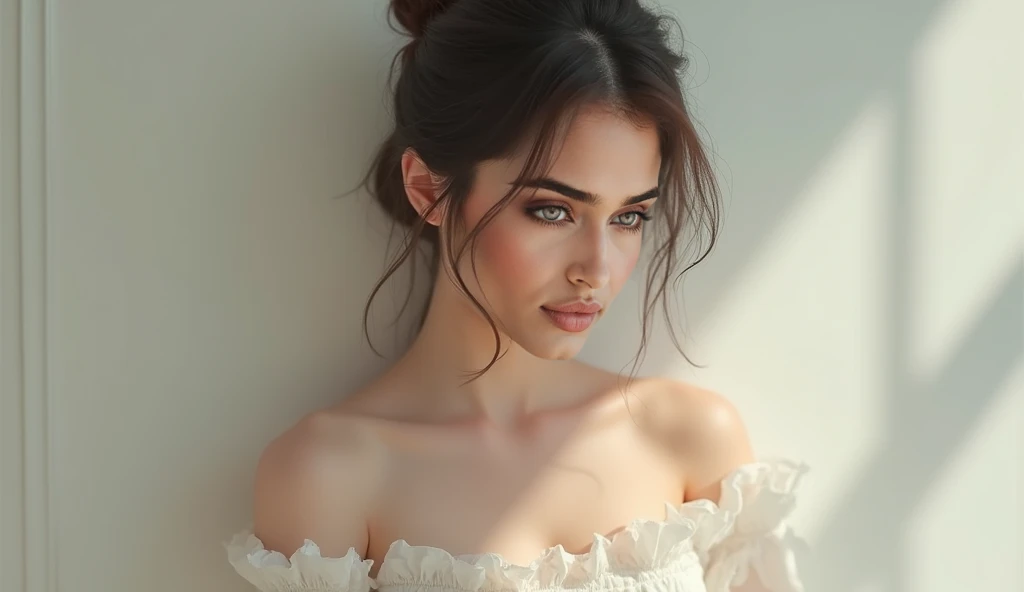 beautiful (((Dark skin:1.2))) androgen:1.3, ((Dark skin:1.2)), (((for white))), ethereal Dark skin beauty,piercing blue eyes,long flowing for white,Dark skin complexion,soft pink lips,sensual behavior,seductive look,elegant pose,subtle makeup,pure white dress,delicate features,striking contrast with its surroundings,Soft natural light,subtle shadows,ethereal atmosphere,vibrant colors,dream scenario,Romantic atmosphere,artistic portrait,Very detailed representation,Photorealistic quality. naked ,naked body