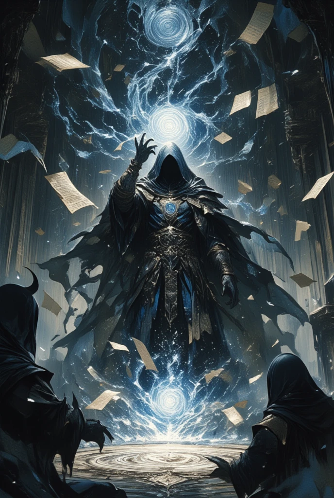 (Imagine a dark sorcerer engrossed in a mysterious ritual) within a dimly lit, ancient cathedral. The vast, cavernous hall is filled with flickering shadows that dance along the exquisitely carved stone walls. The (sorcerer), a figure of undeniable power, is adorned in robes of midnight blue and charred silver, adorned with runic symbols that glow faintly, casting a ghostly light. Surrounding the (sorcerer) are floating pages from ancient tomes, suspended by unseen magical forces, each inscribed with cryptic incantations. The (sorcerer's) hands are raised, weaving an intricate pattern of light and darkness between his fingers, creating a swirling vortex of energy above an intricate sigil etched into the floor. This enchanting scene, envisioned in Yoshitaka Amano's ethereal yet detailed art style, portrays a moment of profound magic and dread, encapsulating the essence of Final Fantasy’s dark fantasy realms. The setting is enveloped in an atmosphere of wonder and foreboding, with every shadow contributing to the sorcerer's enigmatic presence against the backdrop of a saga waiting to unfold.