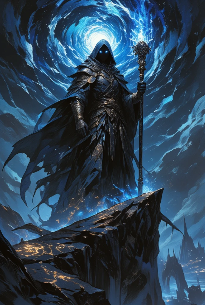 (Create an imposing and mysterious dark sorcerer) standing atop a jagged cliff under a stormy, swirling sky. The (sorcerer) wears flowing robes of deep indigo and black, with intricate gold and silver embroidery. A long, tattered cloak billows in the wind, adding an air of ancient power. The (sorcerer's) face is partially obscured by a shadowy hood, but glowing eyes pierce through the darkness with an otherworldly intensity. In one hand, the (sorcerer) holds an ornate staff, crowned with a gleaming crystal that crackles with arcane energy. The ground is littered with arcane symbols etched in glowing, eerie light, drawing the viewer into this darkly enchanting world. This scene is crafted in the style of Yoshitaka Amano, blending elements of (Final Fantasy's) dark fantasy aesthetics, capturing the depth of artistry and intrigue, with a haunting yet beautiful atmosphere that is both ethereal and ominous, as if torn from the pages of a high fantasy epic. The entire composition feels cinematic, enhanced by shadowed lighting and dynamic contrasts that emphasize the mystical aura.