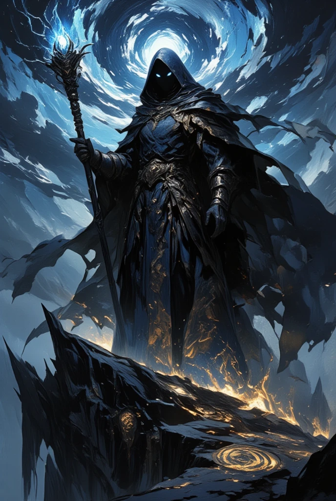 (Create an imposing and mysterious dark sorcerer) standing atop a jagged cliff under a stormy, swirling sky. The (sorcerer) wears flowing robes of deep indigo and black, with intricate gold and silver embroidery. A long, tattered cloak billows in the wind, adding an air of ancient power. The (sorcerer's) face is partially obscured by a shadowy hood, but glowing eyes pierce through the darkness with an otherworldly intensity. In one hand, the (sorcerer) holds an ornate staff, crowned with a gleaming crystal that crackles with arcane energy. The ground is littered with arcane symbols etched in glowing, eerie light, drawing the viewer into this darkly enchanting world. This scene is crafted in the style of Yoshitaka Amano, blending elements of (Final Fantasy's) dark fantasy aesthetics, capturing the depth of artistry and intrigue, with a haunting yet beautiful atmosphere that is both ethereal and ominous, as if torn from the pages of a high fantasy epic. The entire composition feels cinematic, enhanced by shadowed lighting and dynamic contrasts that emphasize the mystical aura.