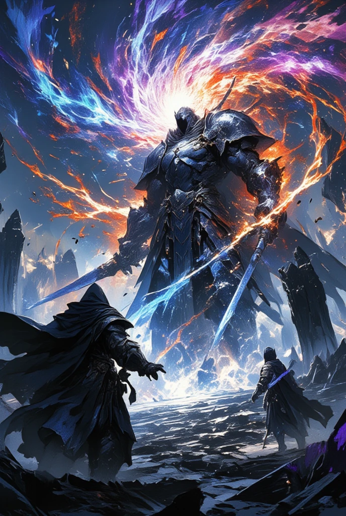 (Picture a dark sorcerer engaged in an epic magical duel) amidst a desolate battlefield riddled with fallen stone statues and blackened earth. The atmosphere is charged with tension, an ethereal wind swirling fallen leaves and ashes around the two combatants. The (sorcerer) is clad in imposing armor etched with sigils of power and veiled in a dark cloak that seems to drink in the surrounding light. His adversary, equally formidable, faces him across the field, creating a scene of dynamic balance. Arcane energies crackle through the air as spells collide, painting the sky with bursts of vibrant, otherworldly colors. This dramatic moment is portrayed in the distinctive, ethereal style of Yoshitaka Amano, melding the dark fantasy elements of Final Fantasy with a vividly artistic flair. The composition suggests motion and intensity, each stroke of color and line emphasizing the powerful aura and unyielding presence of the sorcerer, making the viewer feel the raw magic and the gravity of the confrontation.