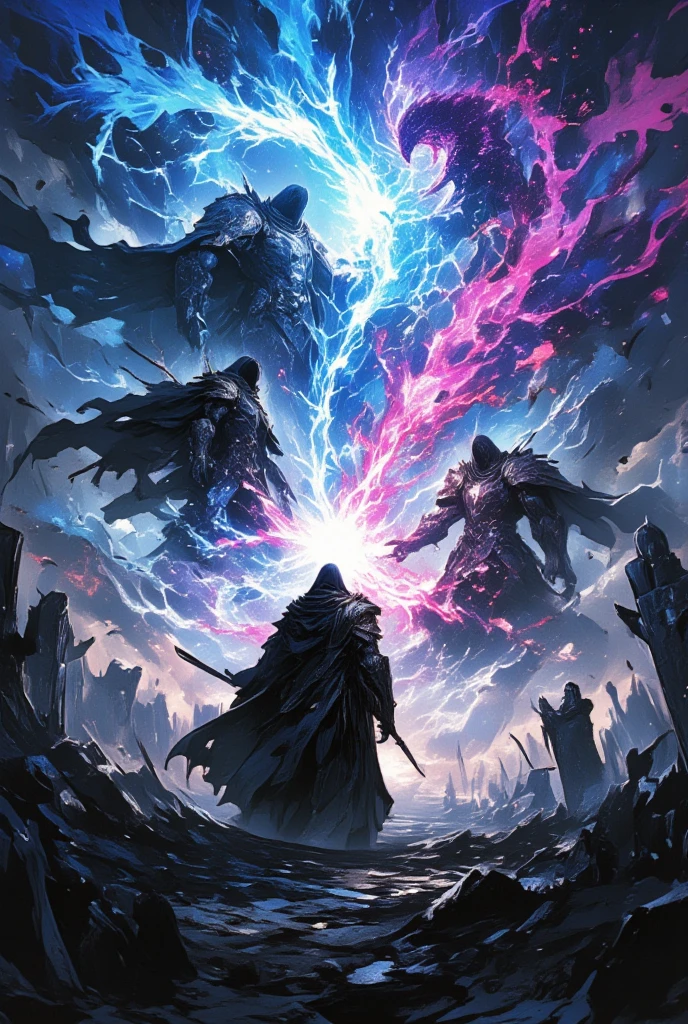 (Picture a dark sorcerer engaged in an epic magical duel) amidst a desolate battlefield riddled with fallen stone statues and blackened earth. The atmosphere is charged with tension, an ethereal wind swirling fallen leaves and ashes around the two combatants. The (sorcerer) is clad in imposing armor etched with sigils of power and veiled in a dark cloak that seems to drink in the surrounding light. His adversary, equally formidable, faces him across the field, creating a scene of dynamic balance. Arcane energies crackle through the air as spells collide, painting the sky with bursts of vibrant, otherworldly colors. This dramatic moment is portrayed in the distinctive, ethereal style of Yoshitaka Amano, melding the dark fantasy elements of Final Fantasy with a vividly artistic flair. The composition suggests motion and intensity, each stroke of color and line emphasizing the powerful aura and unyielding presence of the sorcerer, making the viewer feel the raw magic and the gravity of the confrontation.