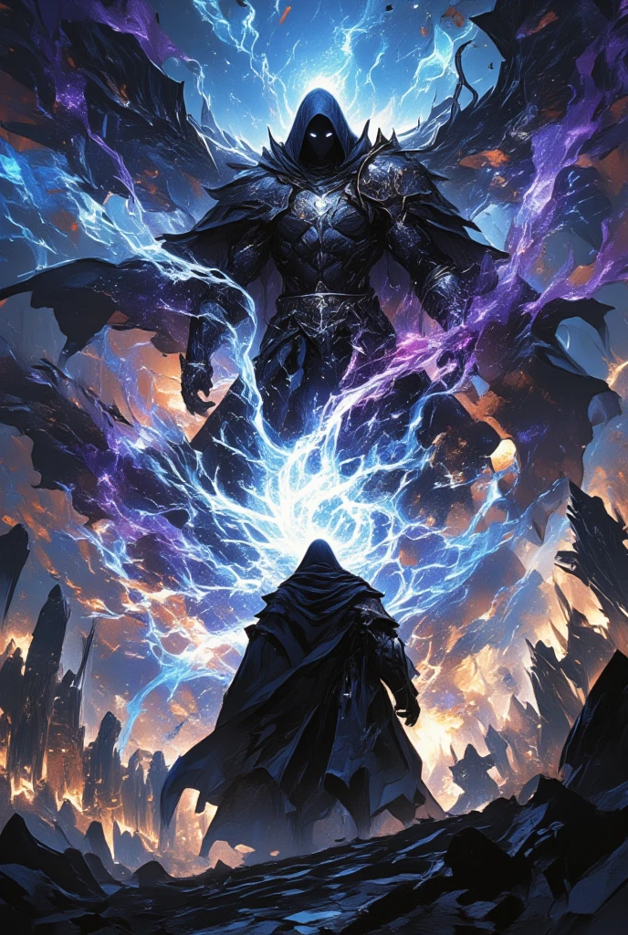 (Picture a dark sorcerer engaged in an epic magical duel) amidst a desolate battlefield riddled with fallen stone statues and blackened earth. The atmosphere is charged with tension, an ethereal wind swirling fallen leaves and ashes around the two combatants. The (sorcerer) is clad in imposing armor etched with sigils of power and veiled in a dark cloak that seems to drink in the surrounding light. His adversary, equally formidable, faces him across the field, creating a scene of dynamic balance. Arcane energies crackle through the air as spells collide, painting the sky with bursts of vibrant, otherworldly colors. This dramatic moment is portrayed in the distinctive, ethereal style of Yoshitaka Amano, melding the dark fantasy elements of Final Fantasy with a vividly artistic flair. The composition suggests motion and intensity, each stroke of color and line emphasizing the powerful aura and unyielding presence of the sorcerer, making the viewer feel the raw magic and the gravity of the confrontation.