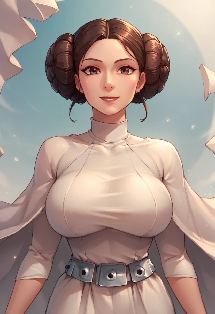 zPDXL2, source_anime, 
leiaxl, 1girl, solo,looking at viewer, large breasts,  breasts, double bun, white dress,smile, belt, upper body, huge boobs, thicc
 