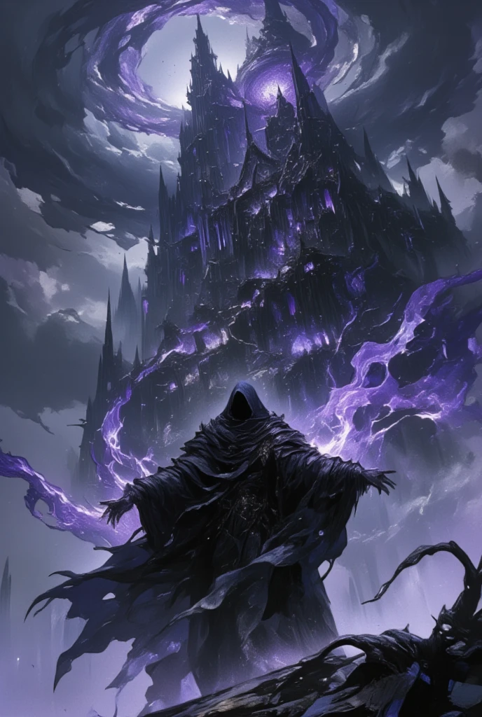 (Visualize a dark sorcerer standing before his shadowy fortress) perched atop a mist-shrouded mountain, its spires piercing the heavy clouds. The fortress looms with an imposing aura, its architecture twisted and surreal, reminiscent of gothic cathedrals infused with eldritch design. The (sorcerer), wearing a cloak that billows with unnatural life, stands with arms outstretched, as if commanding or communing with the dark forces that wail in the winds around him. His attire is intricately detailed with layers of shadow and traces of shimmering purple, contrasting starkly with the bleakness of the surroundings. The atmosphere is saturated with the sense of eternal night and hidden depths, captured in the intricate, dreamlike style of Yoshitaka Amano, where the merging of Final Fantasy’s dark fantasy themes crafts a panorama both haunting and majestic. The entire scene whispers of the power and solitude of the sorcerer, a solitary master of his desolate realm, whose image captivates with its blend of beauty, darkness, and unyielding mystery.